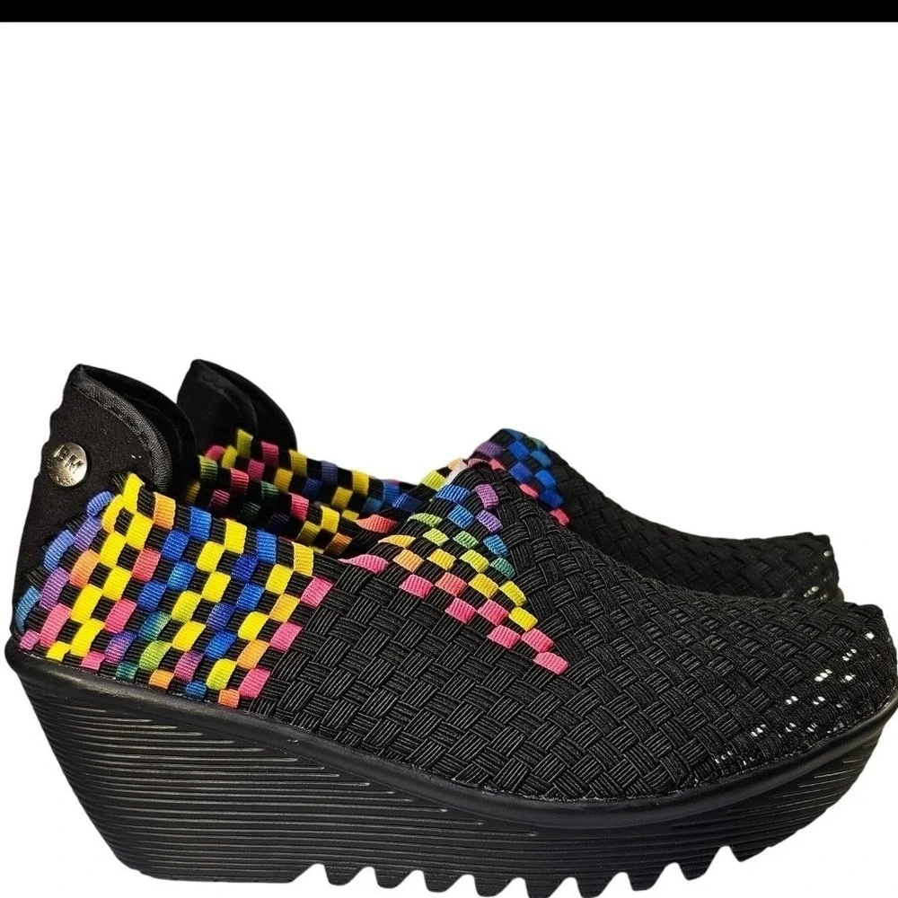 Bernie Mev Gem Black Multi Rainbow Woven‎ Elastic Wedge Sneakers Size 40 New NWB